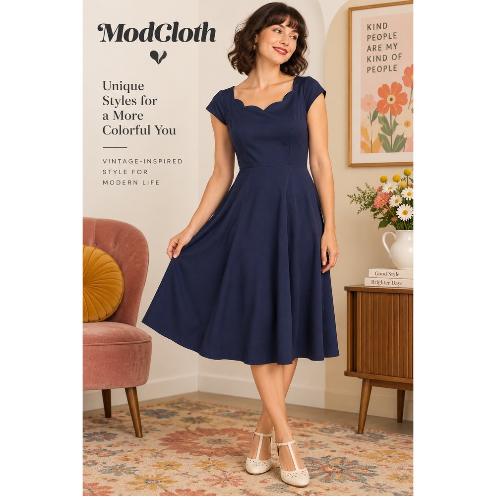 ModCloth Navy Blue Scalloped Sweetheart Fit and Flare Midi Dress Large